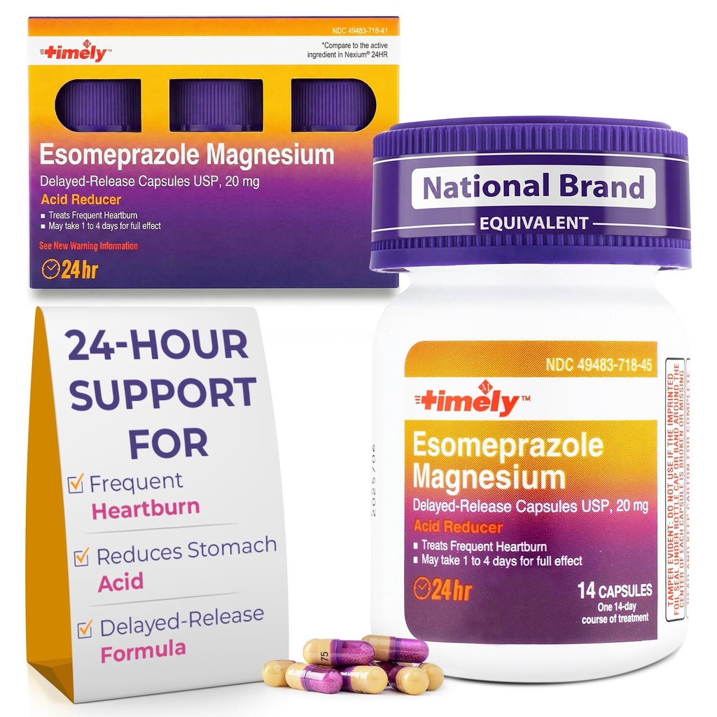 Tidlig Esomeprazol Magnesium 20mg Antacid piller - Magesyre Reduserer, hyppig Heartburn Relief & Acid Reflux medisin - 24 timer Esomeprazol forsinket frigjøringskapsler - 42 teller