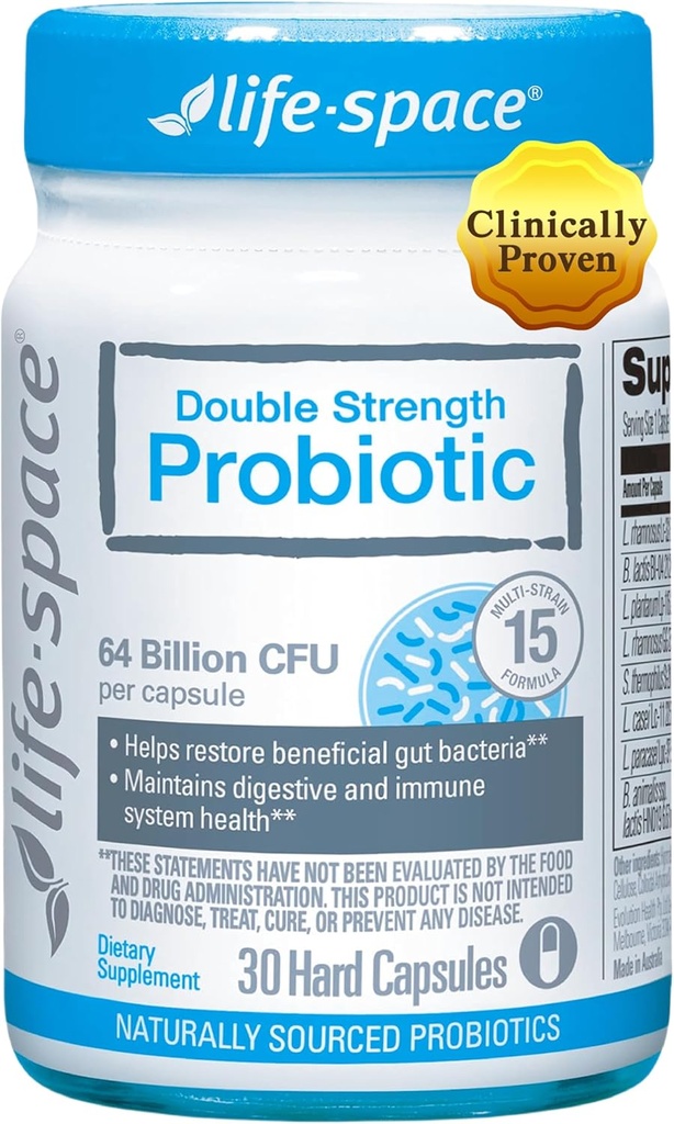 Life-Space dobbelt styrke bredspektrum probiotika, 64 milliarder CFU & 15 Diverse Strains, redobbel formulert for digestiv helse og immun helse, probiotika for kvinner og menn - 30 Veg Kapsler