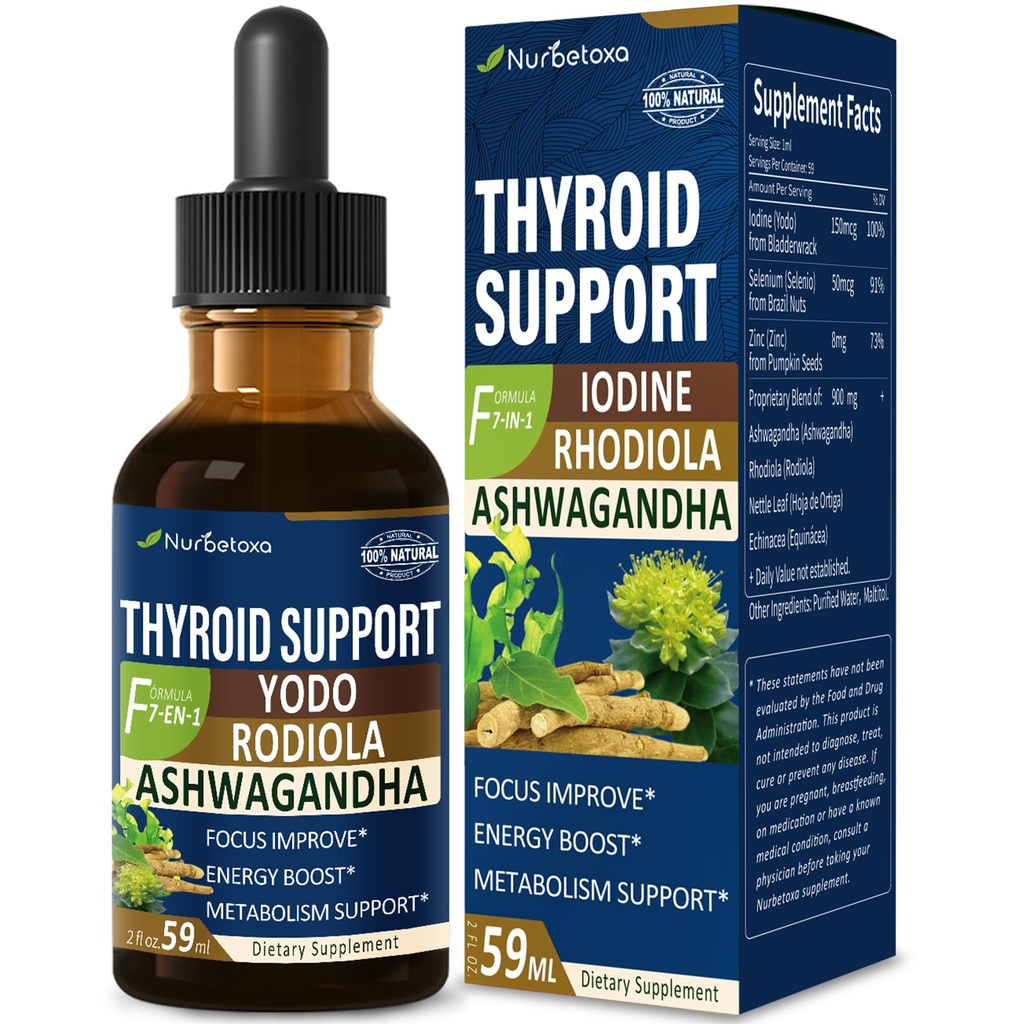 Thyroid støtte Drops - flytende Iodine Supplement, Gotas de YODO y Selenio para Tiroider, Con Rodiola Semenovii y Ortiga, bekjempe hjerne tåke w/Ashwagandha & Rhodiola Extract Tinktur.2 oz