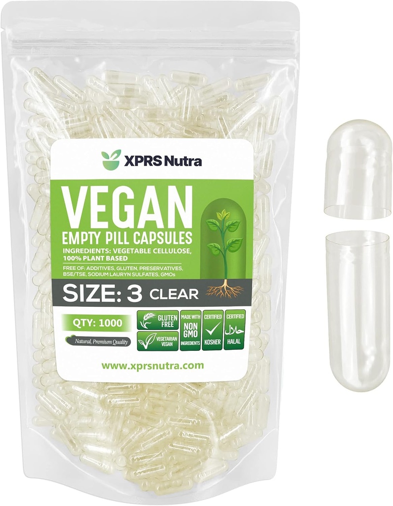 XPRS Nutra størrelse 3 tomme kapsler - 1000 greve klart tomme veganske kapsler - vegetariske piller - DIY grønnsaker Capsule Fylling - Veggie piller
