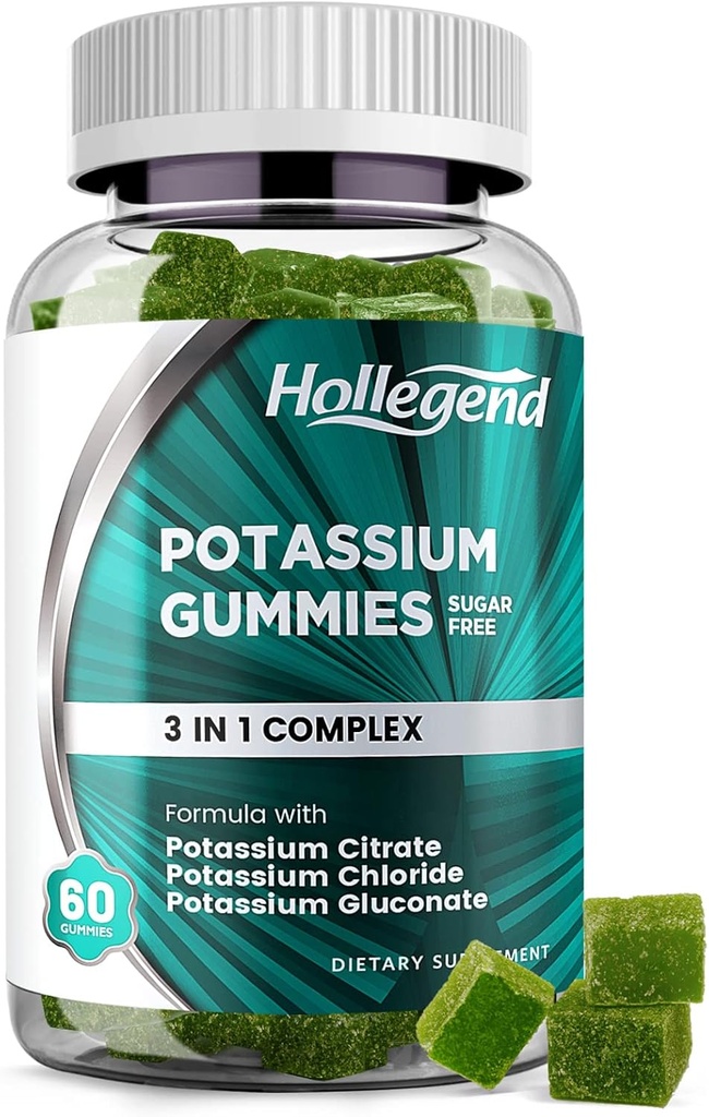 Kalium 3 i 1 komplekse gummier sukkerfri, ny formel med 99 mg kaliumcitrat, Kaliumklorid, Kalium gluconat, ben krummer og muskel kosttilskudd, 60 Chewables