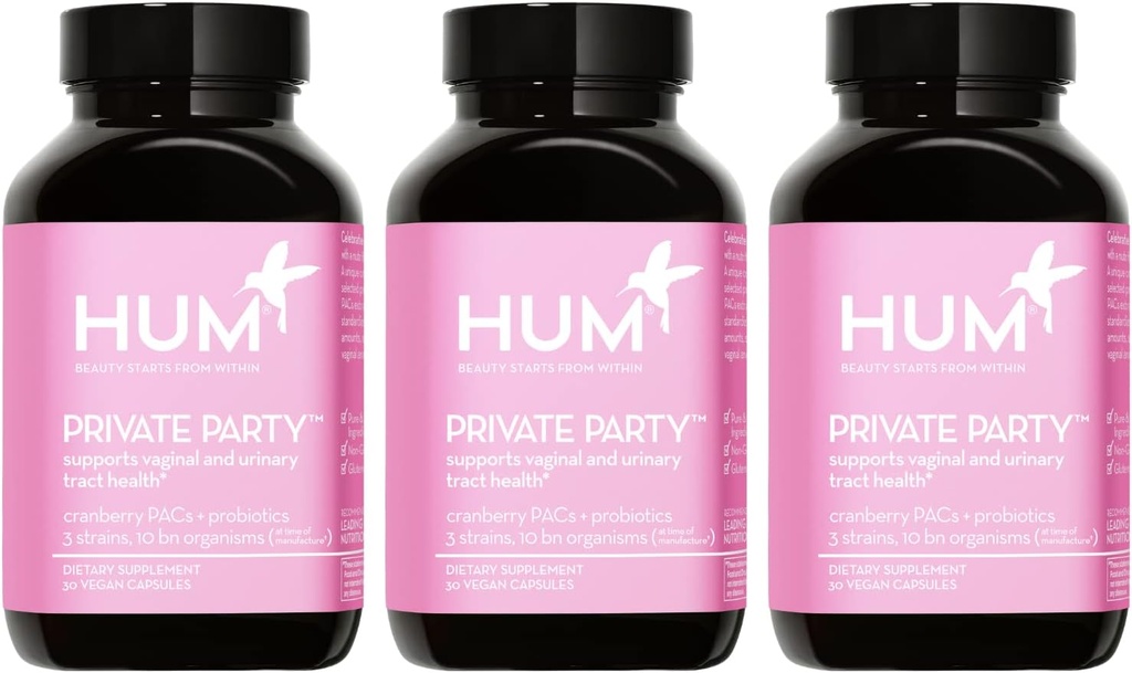 HUM Private Party Vaginal Probiotika for kvinner, pH-balanse og urinbåndsstøtte Vaginal Probiotic Supplement med Cranberry & Lactobacillus Blend, kvinners helse Cranberry Pills, 90 kapsler