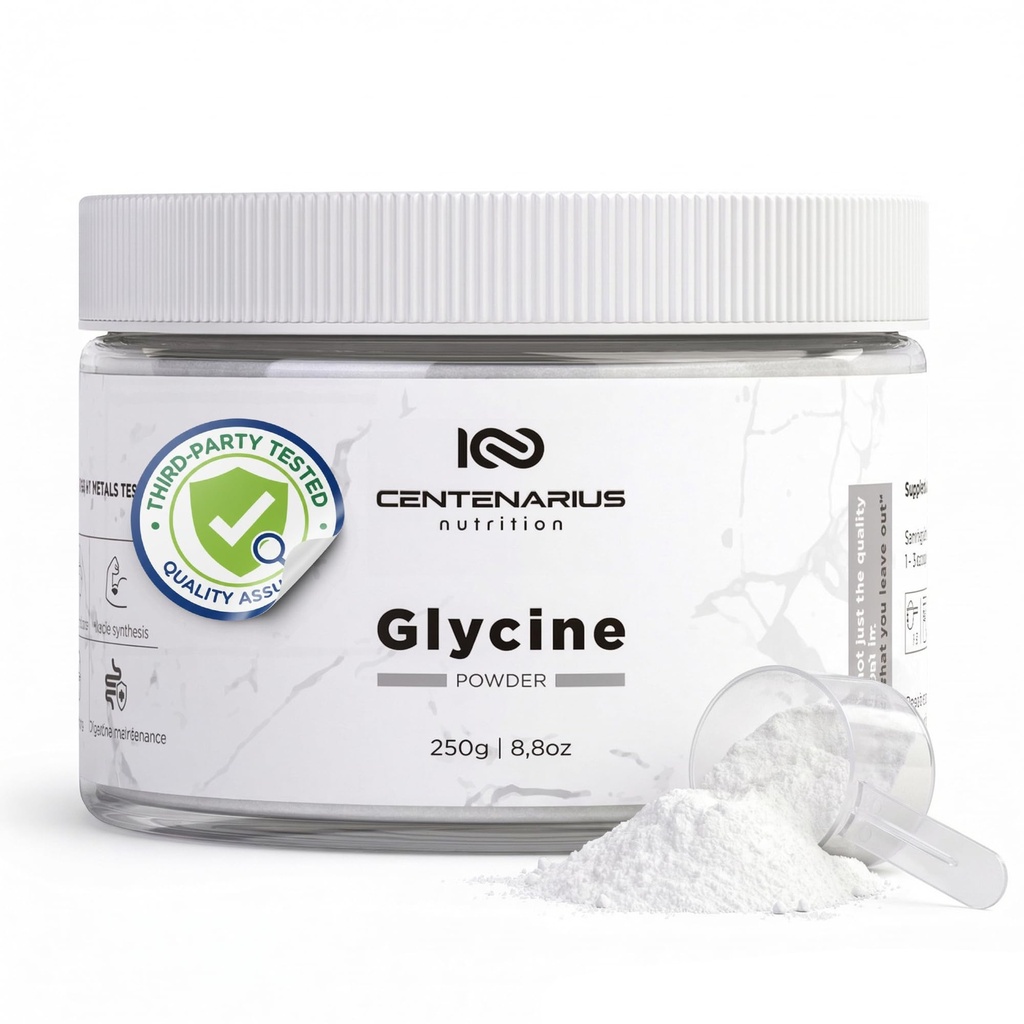 Glycine pulver 250g | Ikke-Essential Aminosyrer Supplement for post trening muskelgjenvinning, dialyse, søvnhjelp + mer - Vegansk, additiv-fri, tredjeparts testet | Centenarius ernæring