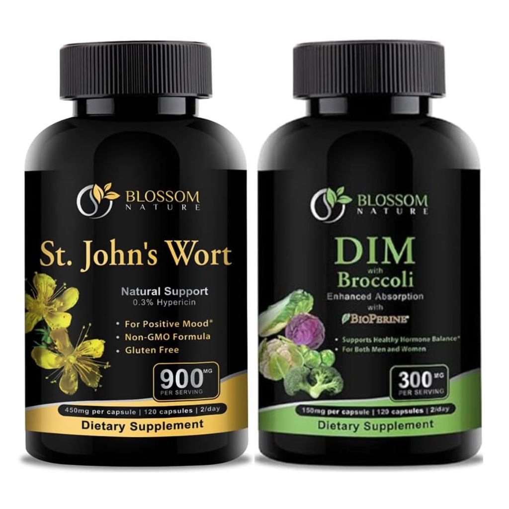 St Johns Wort 900mg-mood støtte Supplement-Calm kosttilskudd. DIM Supplement 300mg med Broccoli 200mg BioPerine 10mg-Hormone og Estrogen Balance for kvinner og menn.120 Grønnsaker Kapsler(2 MÅNTER Supply)