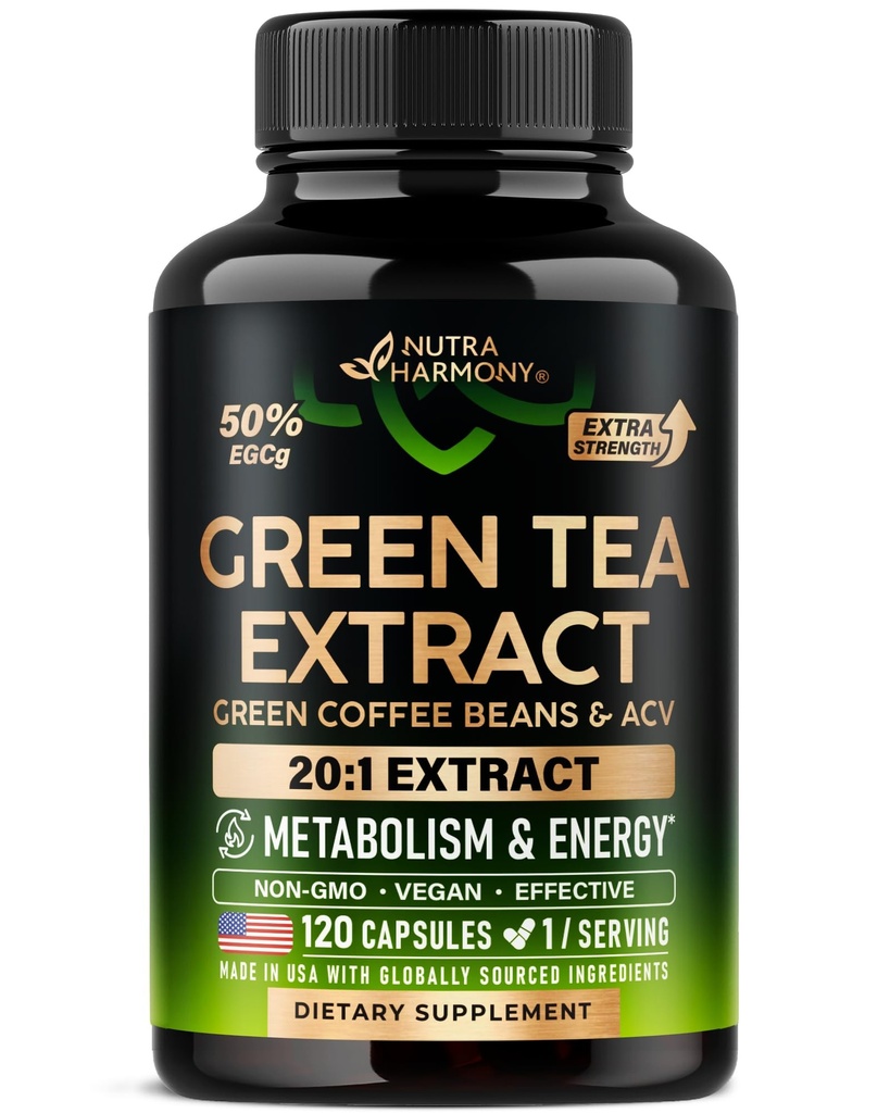 Grønn Te Extract Kapsler med grønne kaffebønner og Apple Cider Vinegar - Energi & Metabolisme Support - Grønn Te Supplement 50% EGCG - 20:1 Naturlig ekstrakt - for menn og kvinner - 120 Vegan Kapsler