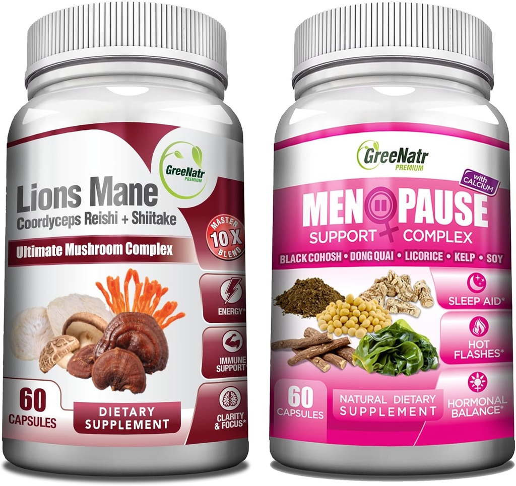 GreeNatr Energy Boost Plus Menopause Support Bundle: Vårt Mushroom Supplement gir en naturlig energiforsterkning, fremme vedvarende vitalitet + Herbal Menopause Complex for varme blitser, nattsweats