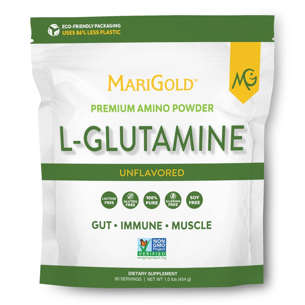 MariGold ren uflavorert L-glutamin pulver - sunn gut, immun og muskel støtte, ikke-GMO, Glutenfri, Soya og Allergen Gratis (5g / 5000mg per servering)