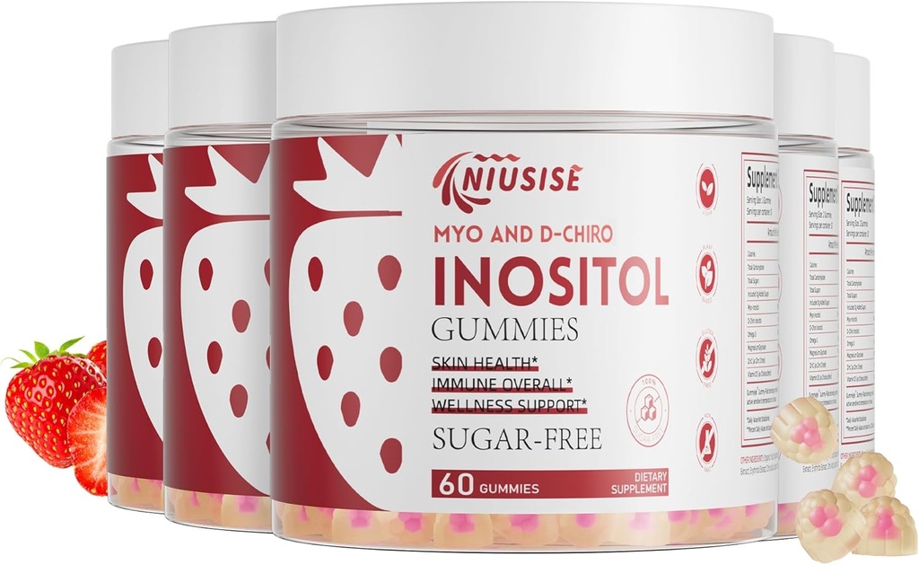 Inositol Gummies, Inositol Supplement med Myo-Inositol & D-Chiro Inositol + vitamin D3, Ideell 40:1 forhold, med magnesiumglycinat 400 mg, støtter regelmessig syklus for kvinner, vegan, 5 pakke