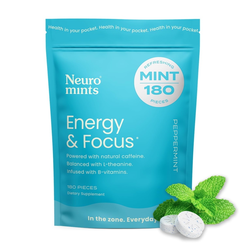 NeuroGum Energi Koffein mynter (180 stykker) - Sukker Gratis med L-theanin + Naturlig Koffein + Vitamin B12 & B6 - Nootropisk energi og fokus Supplement for kvinner og menn - Keto & Vegan, Peppermynte Flavor