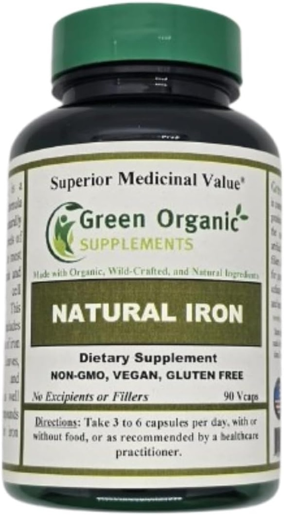 (Pack of 1) Grønne økologiske kosttilskudd jern, 2000 mg organisk jernkapsler, 90, håndlaget, vegansk, ikke-GMO, og glutenfri naturlig jernkapsler