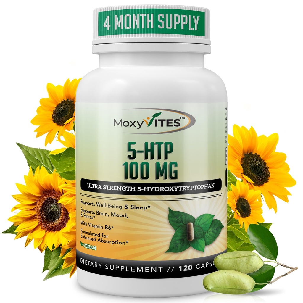 MoxyVites 5HTP 100mg Supplement, Plus B6, 5 HTP Økologisk Hele Mat - Best Serotonin Booster - Ikke-GMO, 120 Vegansk Kapsler