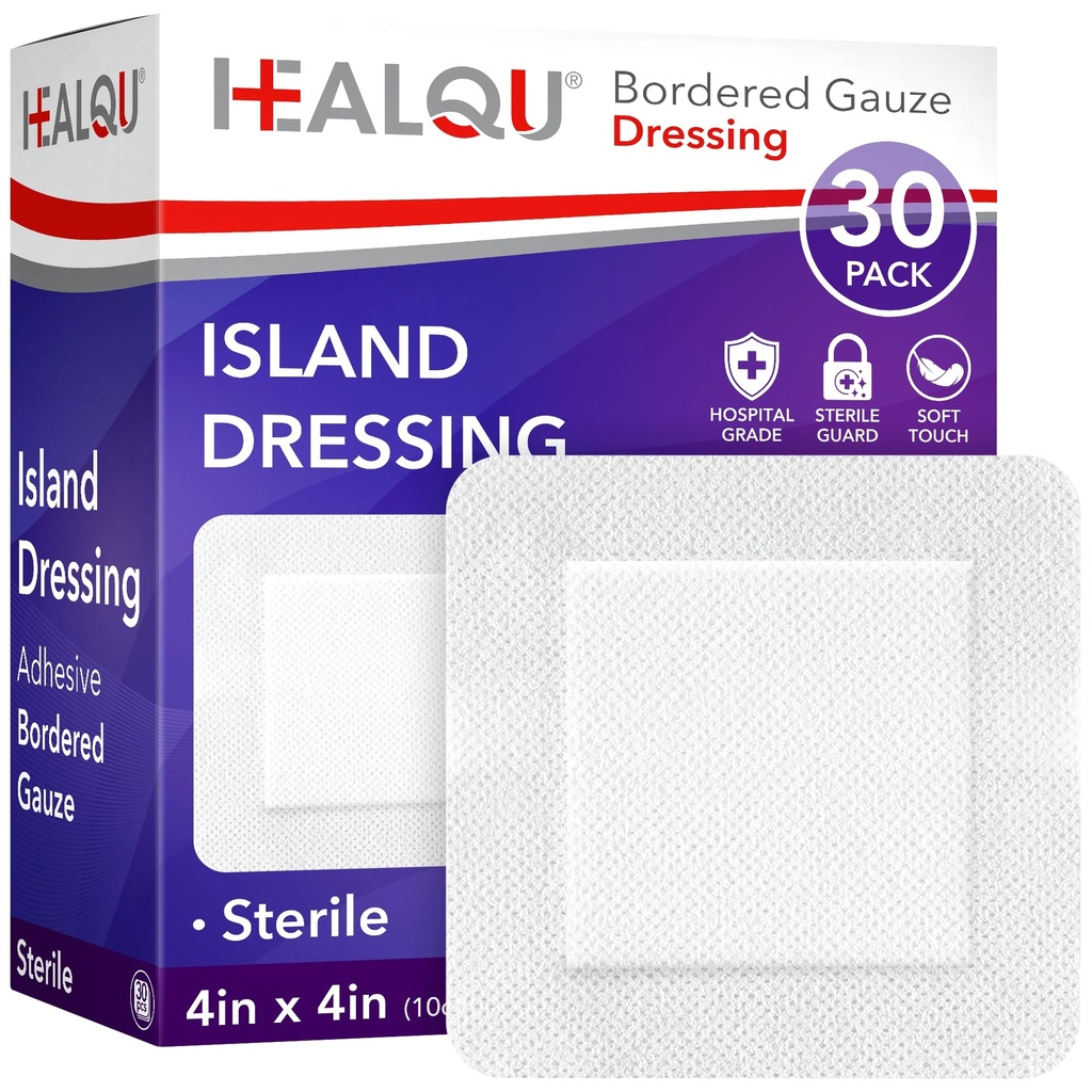 HEALQU Island Dressing - 4"x4", 30 Greve - Bordered Gauze Steril Individuelt innpakket Gauze Pads, Vann-Resistant, Ikke-Woven Backing - Mykt og pustende sår Dressing for førstehjelp og medisinsk