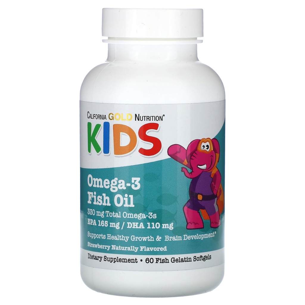 California Gold Nutrition Kids Omega-3 Fiskeolje, Naturlig Jordbær, 60 Fisk Gelatin Softgels