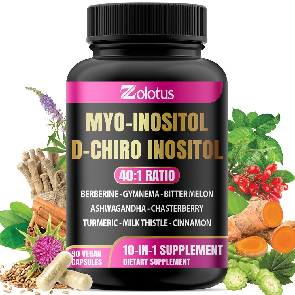 Zolotus Myo-Inositol & D-Chiro Inositol Ideell Tilsetning med Bitter Melon, Melk Thistle, Turmeric, Gymnema, Chasteberry, Ceylon Cinnamon, Ashwagandha, Berberine - 90 Kapsler