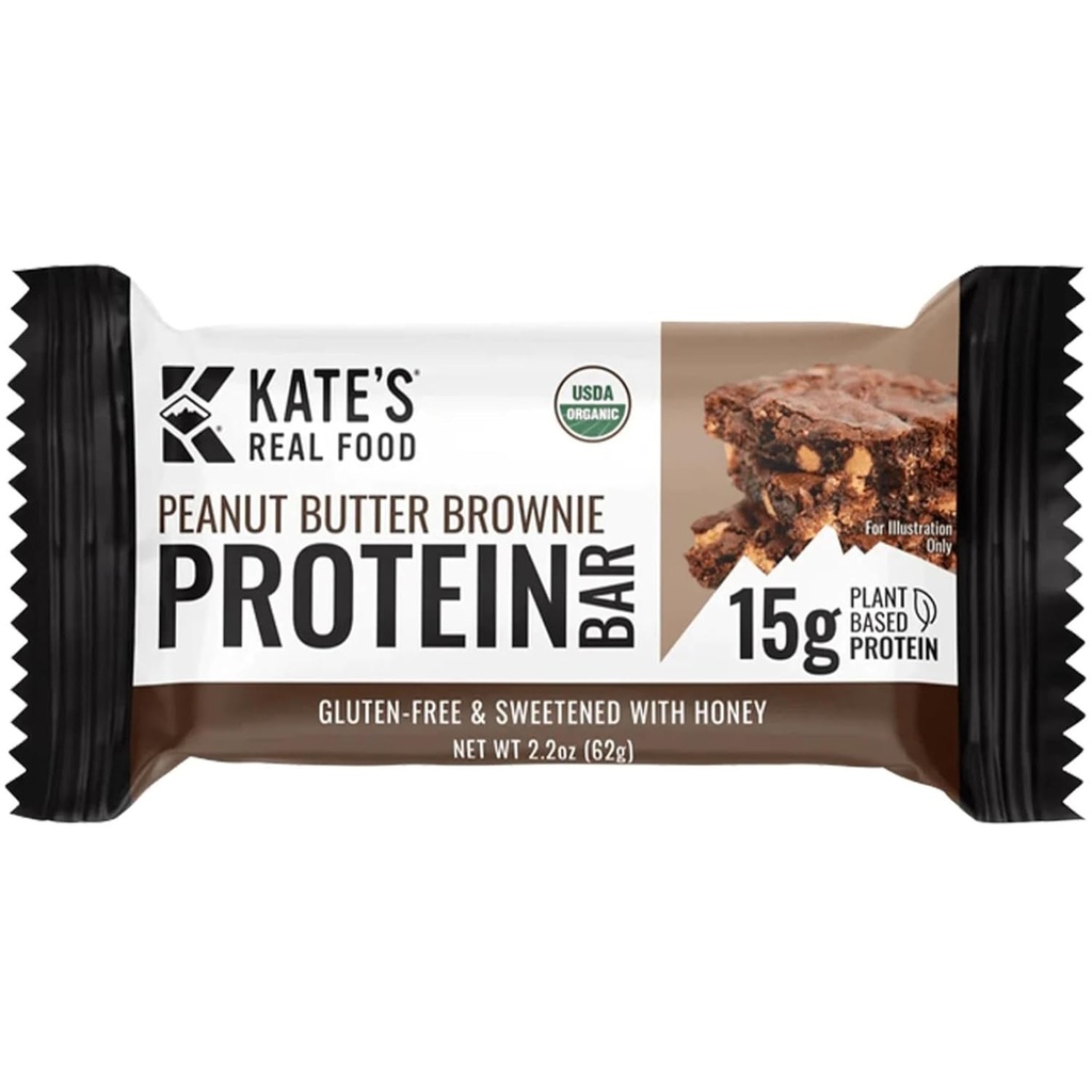 Kates virkelige mat økologiske proteinbarer - (Peanut Butter Brownie, 2.2 oz, pakke med 12) - Plantebaserte proteinbarer - Glutenfri, soyafri, ikke GMO, hele korn og alle naturlige
