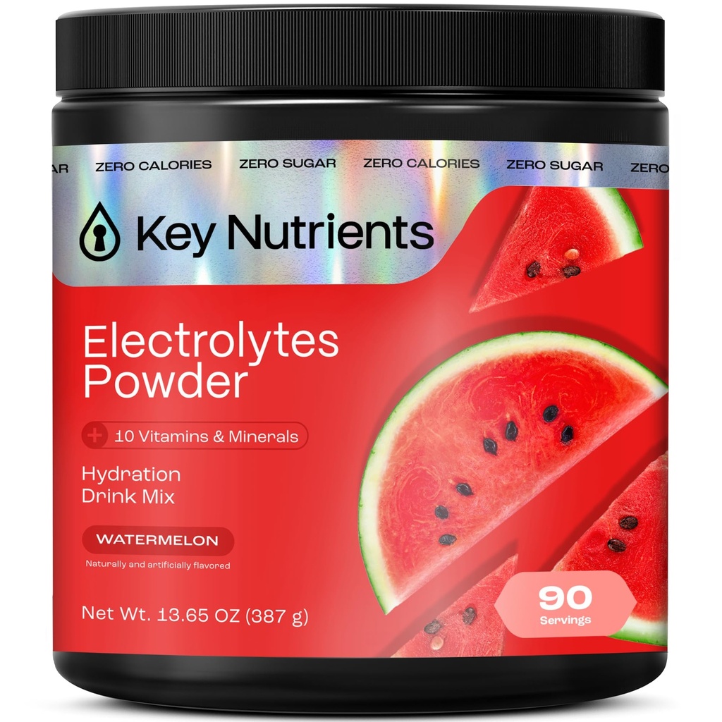 KEY NUTRIENTS Multivitamin Electrolytes pulver Ingen sukker for gjenoppretting - Forfriskende vannmelon Electrolyte pulver - Hydration pulver - Ingen kalorier, Glutenfri elektrolyter pulver - 90 serveringer