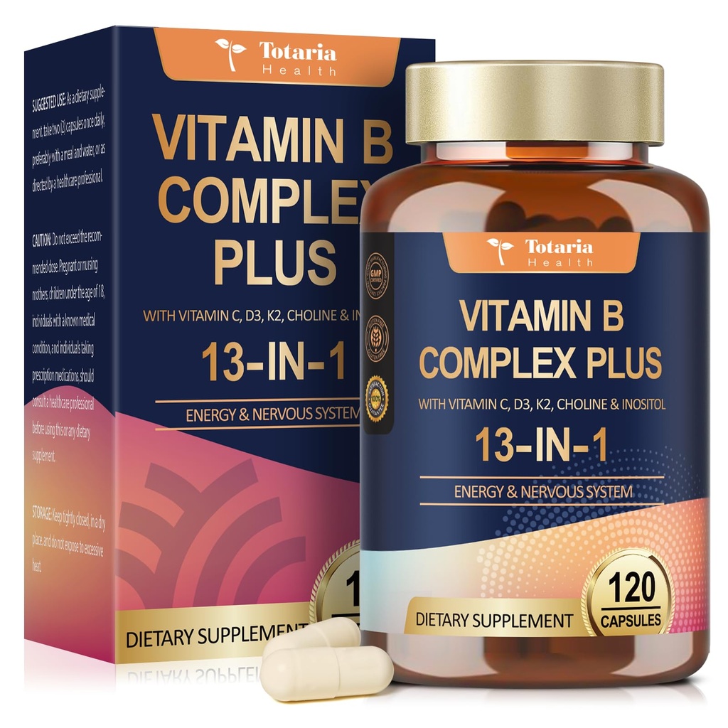 13-i-1 vitamin B-kompleks Plus med vitamin B1, B2, B3 (Niacinamid), B4, B5, B6, B7 (Biotin), B8 (Inositol), B9 (Folat), B12, C, D3, K2 - Energi, Nerve, Immun, Hudstøtte - 120 Vegankapsler