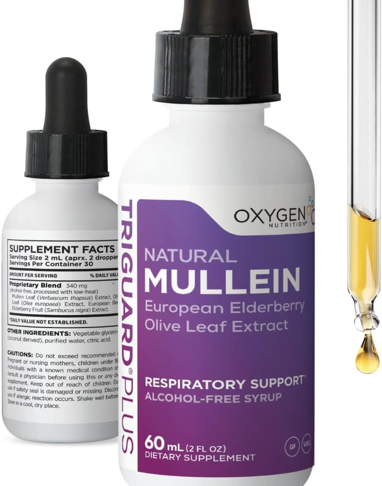 TriGuard MULLEIN Plus - Mullein Leaf Extract, Eldrebær Extract & Olive Leaf Ekstrakt 2 fl oz | støtter sunn respirasjonsfunksjon & immunsystem | alkoholfri, ikke-GMO, smaker bra, laget i USA