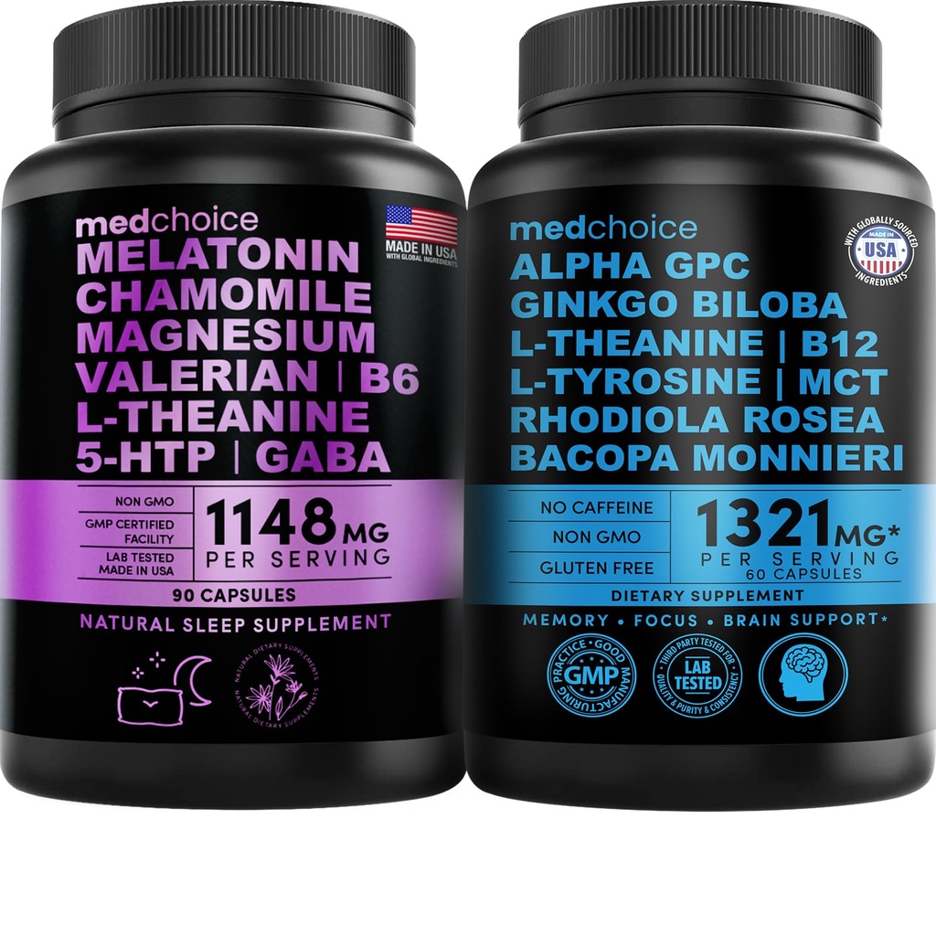 MEDCOICE Sleep Melatonin (90ct) og Nootropic Brain (60ct) Supplement Bundle - Velvære Duo for søvn, hjerne, fokus, & Mood Support - Vegansk, ikke-GMO, Glutenfri
