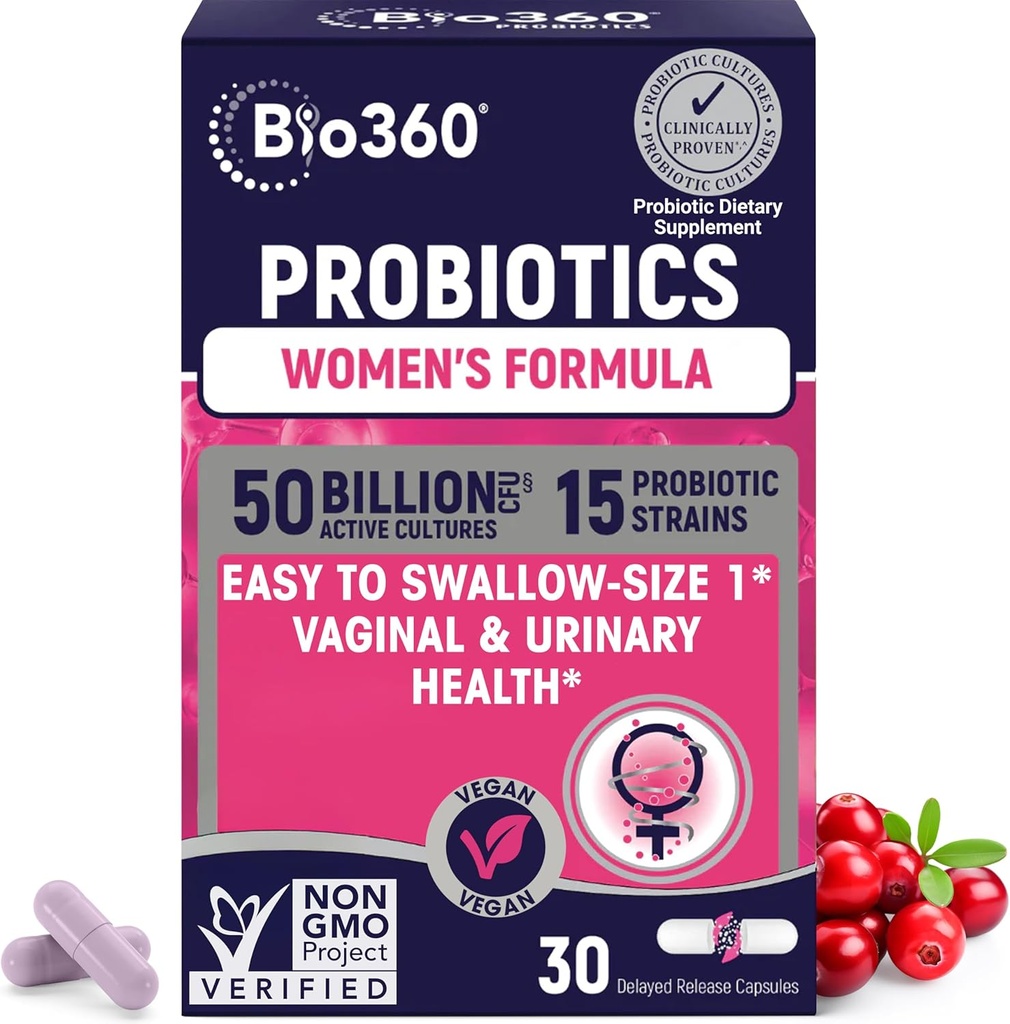 Bio360 Probiotika for kvinner Vaginigal helse - støtter pH-balanse, Vaginal, urin, og digestiv helse - 50 milliarder CFU & 15 unike strender for sunn Vaginal Odor & Vaginal Flora - hyllestabil