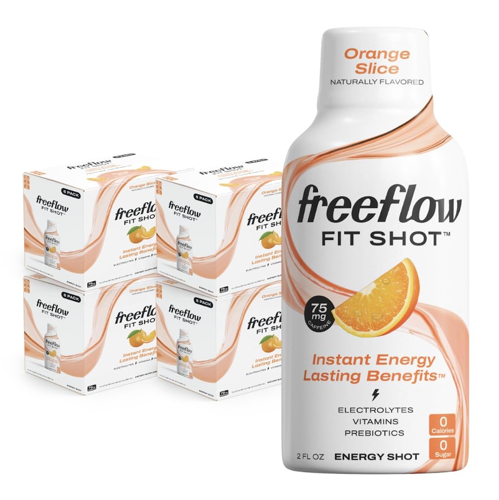 Freeflow Fit Energi Shots, Orange Slice, Naturlig Koffein Boost med L-theanine, Ginseng, Vitaminer, Prebiotika, Electrolytes (24 greve, 2oz Shots)