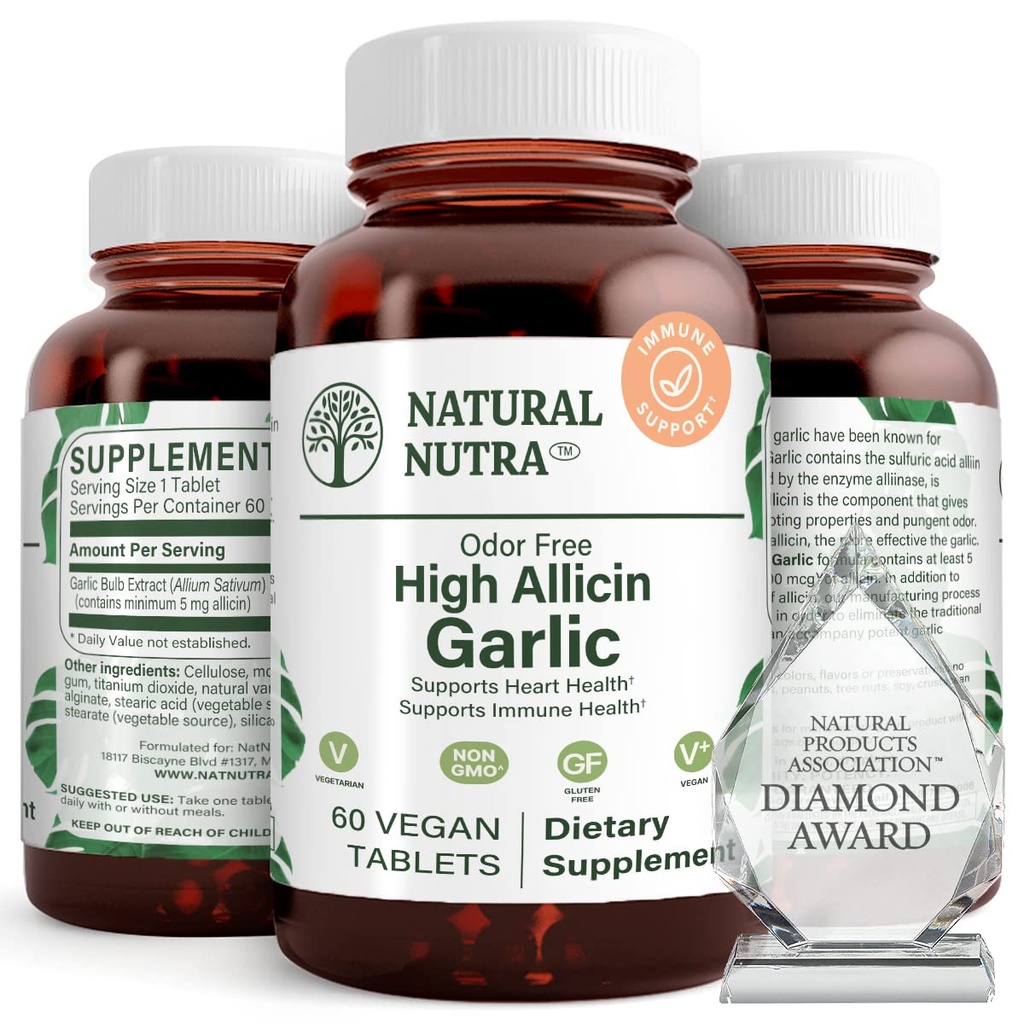 Naturlig Nutra høy allicin hvitløk supplement, støtter immunsystem, forbedre hjertehelse, forbedre enzymer helse, bedre digestion, kjemper kald og influensa, Vanilla belegg, 500 mg, 60 vegan tabletter