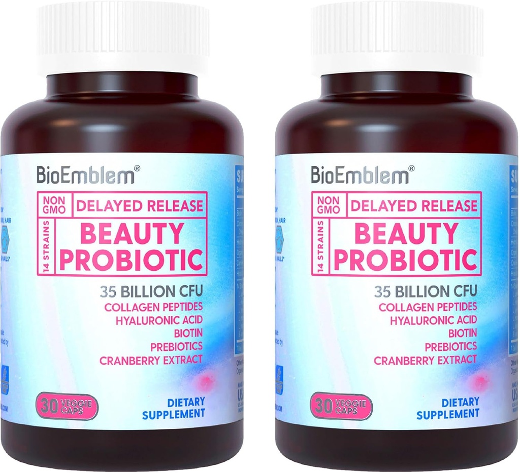 BioEmblem Skjønnhet Probiotika for kvinner, 35 milliarder CFU 14 Strains med Biotin, kollagen, Prebiotika for Digestive Helse, Hårhud og negler, Vaginale Probiotika Supplement, Holdestabile, 60 Caps