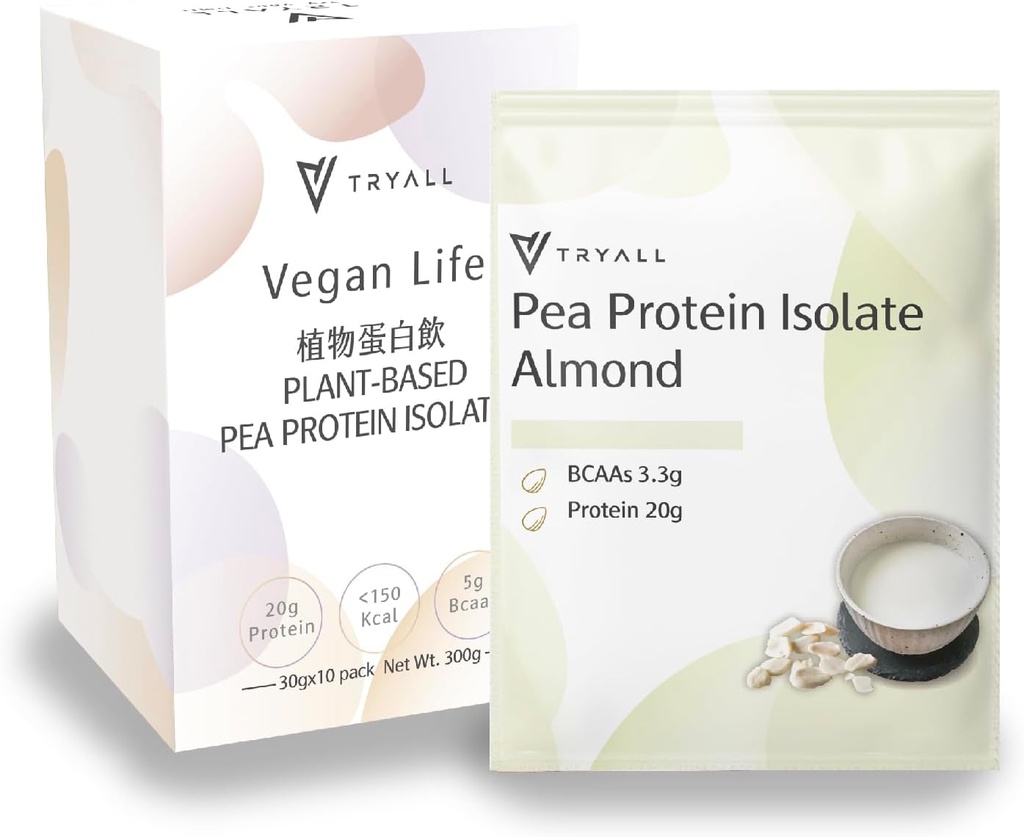 TRYALL Plante Basert Pea Protein Powder Isolate (20g protein) Reise Sachets (almond melk, 10 pakker)