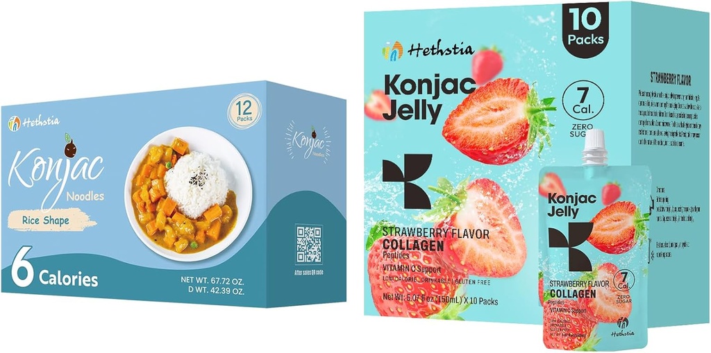 Hetstia Konjac Jelly Jordbær Flavor med Collagen Peptides 10 Pakker og Konjac Rice Glutenfri 12 Pakker Lav kalorie, keto, sukkerfri, sunn mat