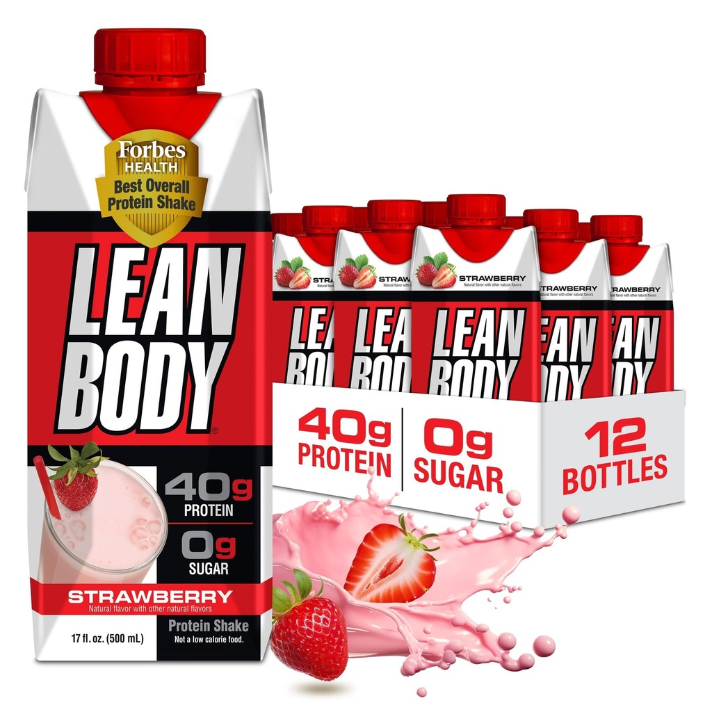 Labrada Lean Body Ready-to-Drink Strawberry Protein Shake, 40g Protein, Whey Blend, 0 Sukker, Glutenfri, 22 vitaminer og mineraler, 17 Ounce (Resirkulerbar Carton & Lid - Pakke med 12)