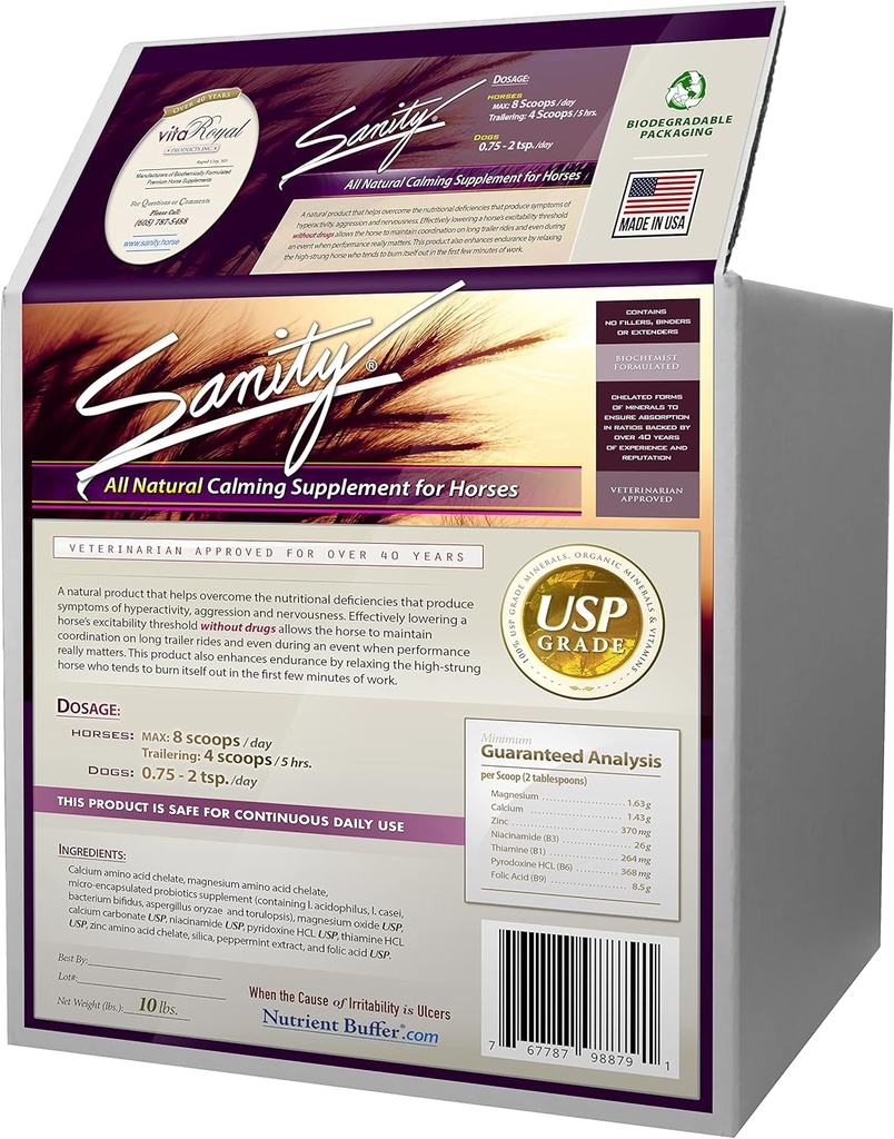 Sanitet - Equine Atferdsmessig beroligende fokus Supplement for hester - magnesium, kalsium, sink, B-vitaminer, Aminosyrer, Probiotika, Thiamin, Folinsyre, Niacin, Peppermynt og mer