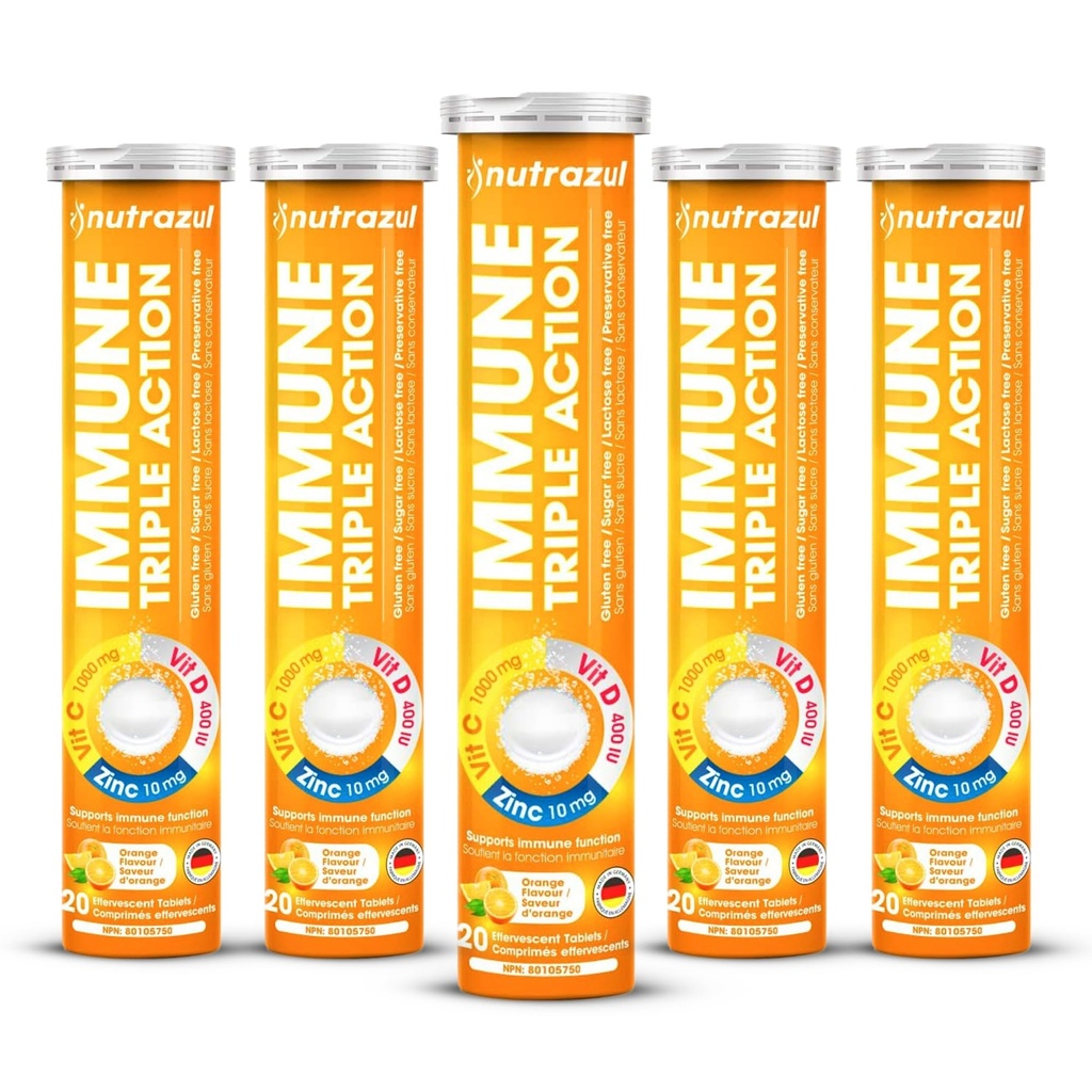 nutterazul Immune Triple Action Effervescent Tabletter med vitamin C 1000mg, vitamin D, sink, støtte daglig rutine, Glutenfri, Sukkerfri, Laktosefri, Orange Flavor, 20 tabletter (pakke med 5x20)