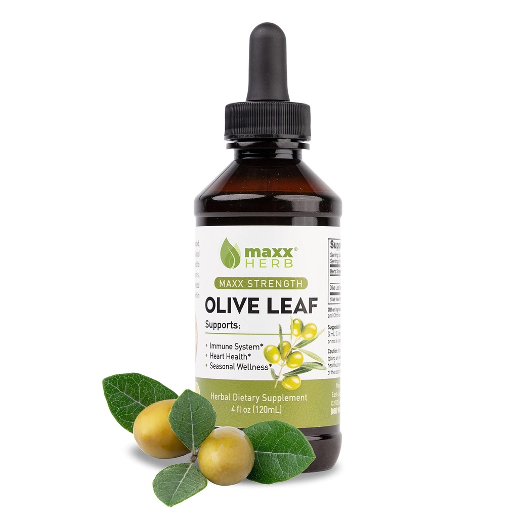 Maxx Herb Olive Leaf Extract – Maks styrke Oleuropein flytende absorber bedre enn kapsler eller te, for immun støtte, hjerte helse og sesongmessig velvære - 4 Oz flaske (60 serveringer)