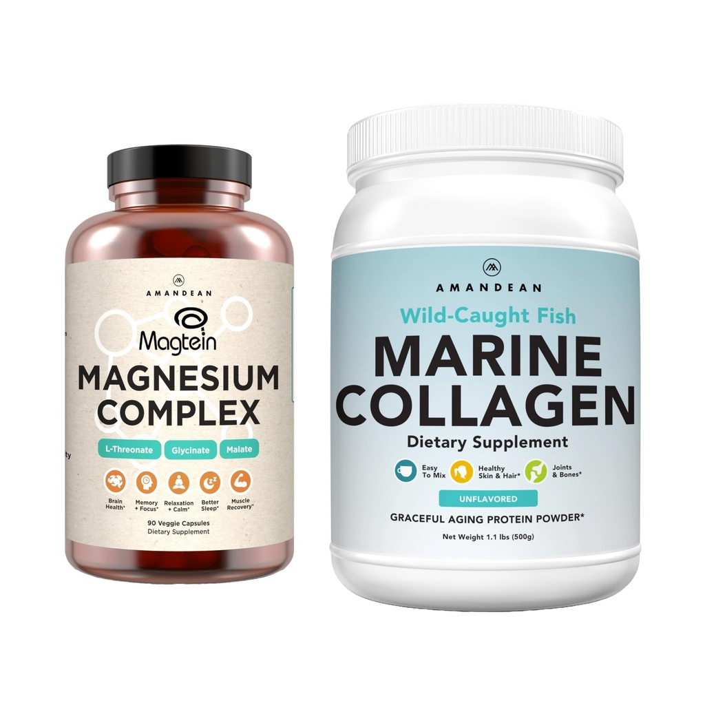 Amandean Premium Magnesium Complex & Marine Collage Bundle. Høyabsorpsjon Magnesium Threonat, Glycinat og Malat. Wild-Caught Hydrolysert fisk kollagenprotein. Støtte kvalitet søvn, hud og humør