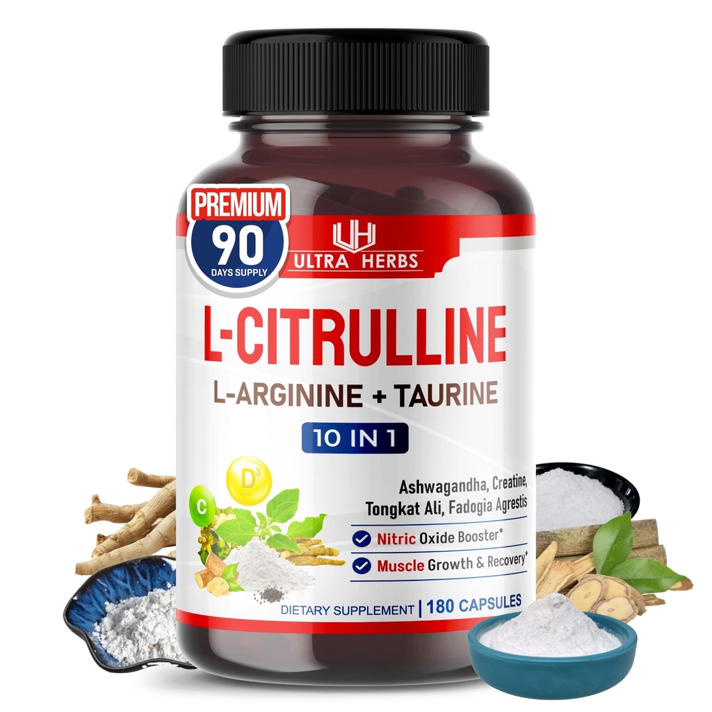 L-Citrullin Supplement Kapsler Beriket med L-Arginin, Taurin, Kreatin, Tongkat Ali, Fadogia Agrestis ® Ultra Nitric Oxid Booster for muskel utholdenhet, Stamina & Recovery ® 180 Kapsler