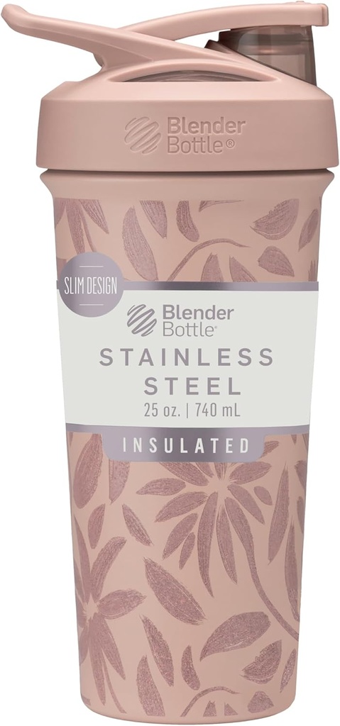 BlenderBottle Strada Flip Shaker Cup Isolert rustfritt stål vannflaske med Wire Whisk, 25-Ounce, Brune blomster