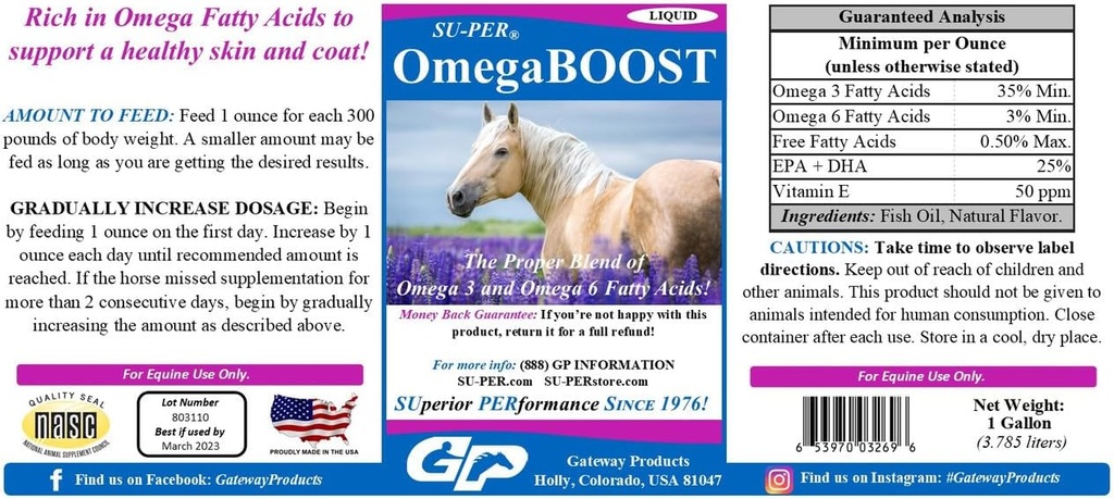 SU-PER OmegaBOOST Fish Oil for hester - Premium Omega 3 og Omega 6 fettsyrer Supplement - støtter sunn hud & Coat - 1 Gallon