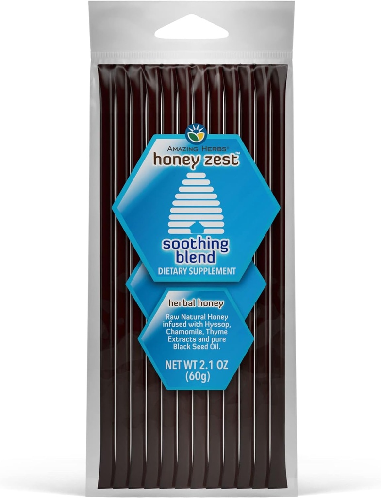 Amazing urter rå naturlig honning - herbal honning infundert med hyssop, kamille, thyr ekstrakter og ren svart frøolje, ikke GMO, glutenfri immunforsterkning - Honeyzest Soothing Straws, 12 greve