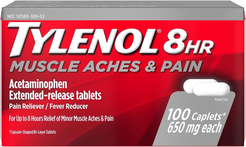 Tylenol 8 timer muskelsmerter og smerte Caplets, 100 greve per flaske (3 flasker)