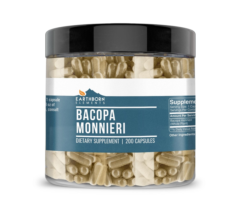 Jordfødte elementer Bacopa Monnieri 200 kapsler, ren og ufortynnet, ingen tilsetningsmidler