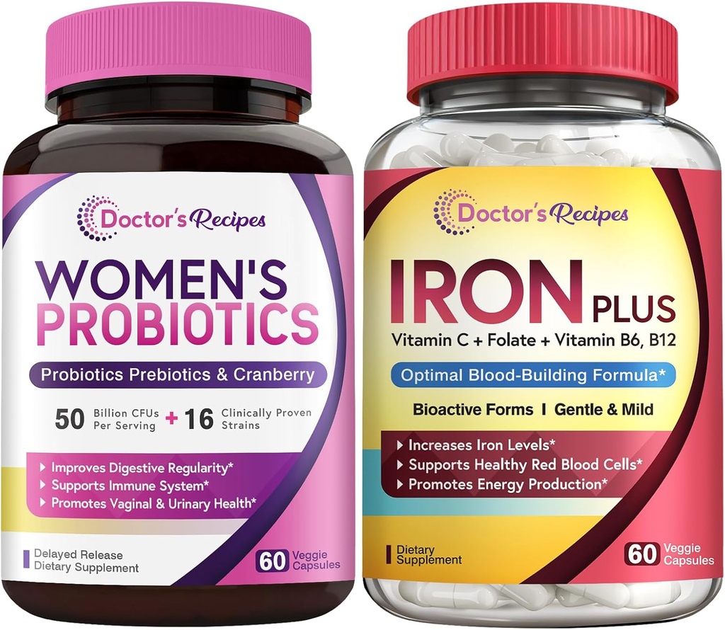 Legens oppskrifter Kvinners Probiotic & Iron Plus Bundle, Feminine helse og blod støtte, Probiotiske kapsler 60ct & Iron Capsules 60 ct
