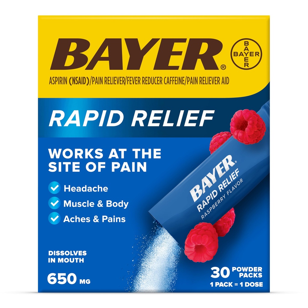 Bayer Rapid Relief pulver pakker med aspirin & koffein, løselig raskt fungerende smertelindring for hodepine, muskel og kroppen smerte, bringebær flavor (pakke kan variere), pakke med 3 x 10 greve