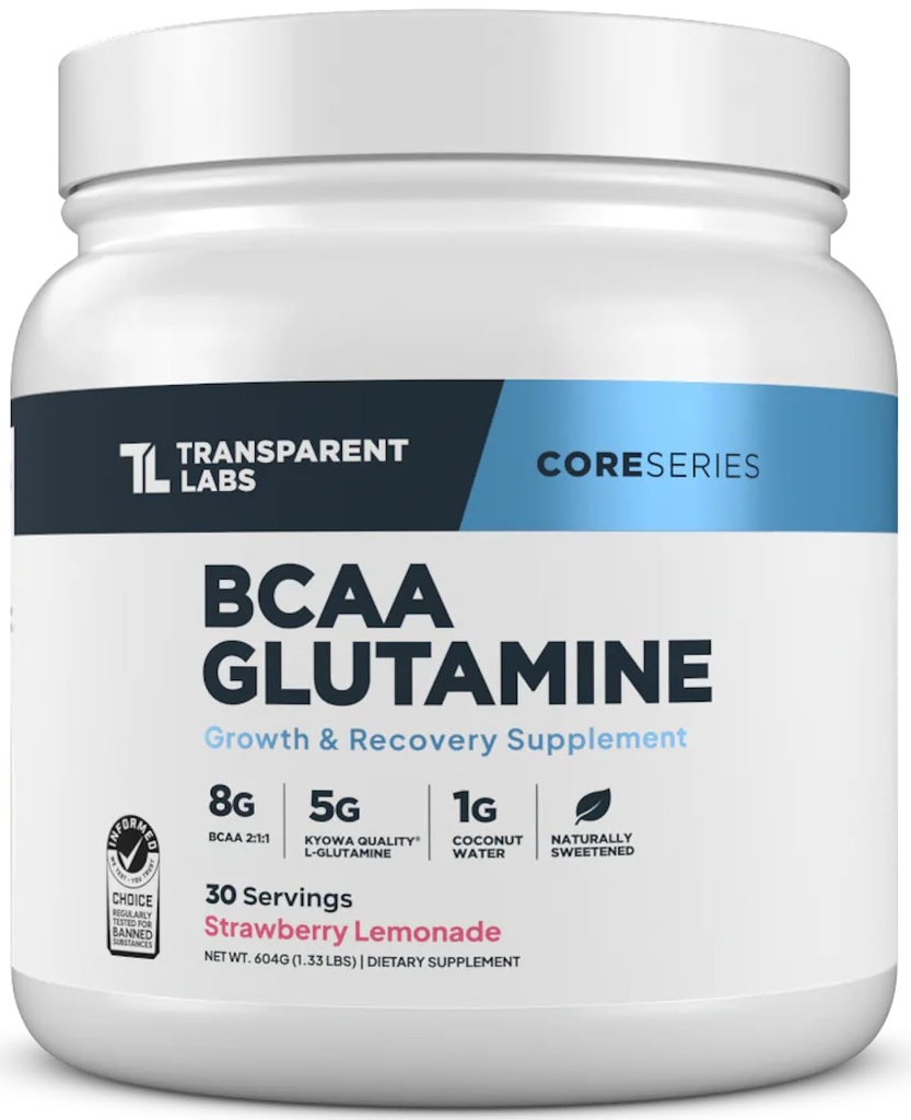 Transparente Labs BCAA Glutamin - 8000 Mg BCAA pulver med L Glutamine for utvinning etter trening, muskelvekst, og økt utholdenhet - 30 Services, Strawberry Lemonade