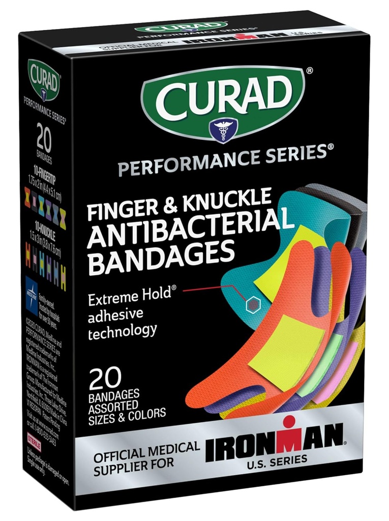CURAD ytelse Series IRONMAN Antibakterielle Bandages, Ekstrem Hold klesteknologi, Finger & Knuckle Bandages, Fleksibel stoff, Variabel pakke med sorterte størrelser og farger, 20 greve