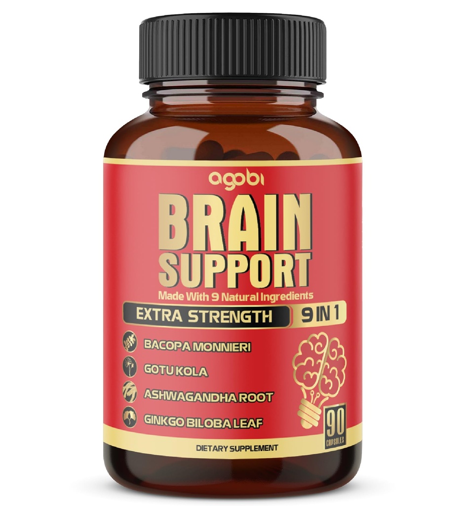 9in1 Brain Support Supplement - Konsentrert Ashwagandha Root, Gotu Kola pulver, Bacopa Monnieri pulver og mer - 90 kapsler - 3 måneders forsyning