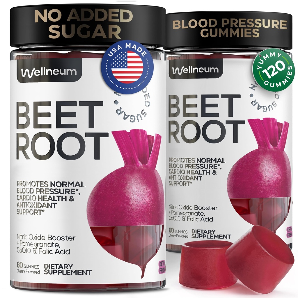 Beets for høyt blodtrykk 120 stk (2 pakke) - Beet Root Chews med Pomegranate Juice pulver - Nitric Oxid Gummies for energi, Cardio helse - Gummy Supplement for menn og kvinner - Sukkerfri