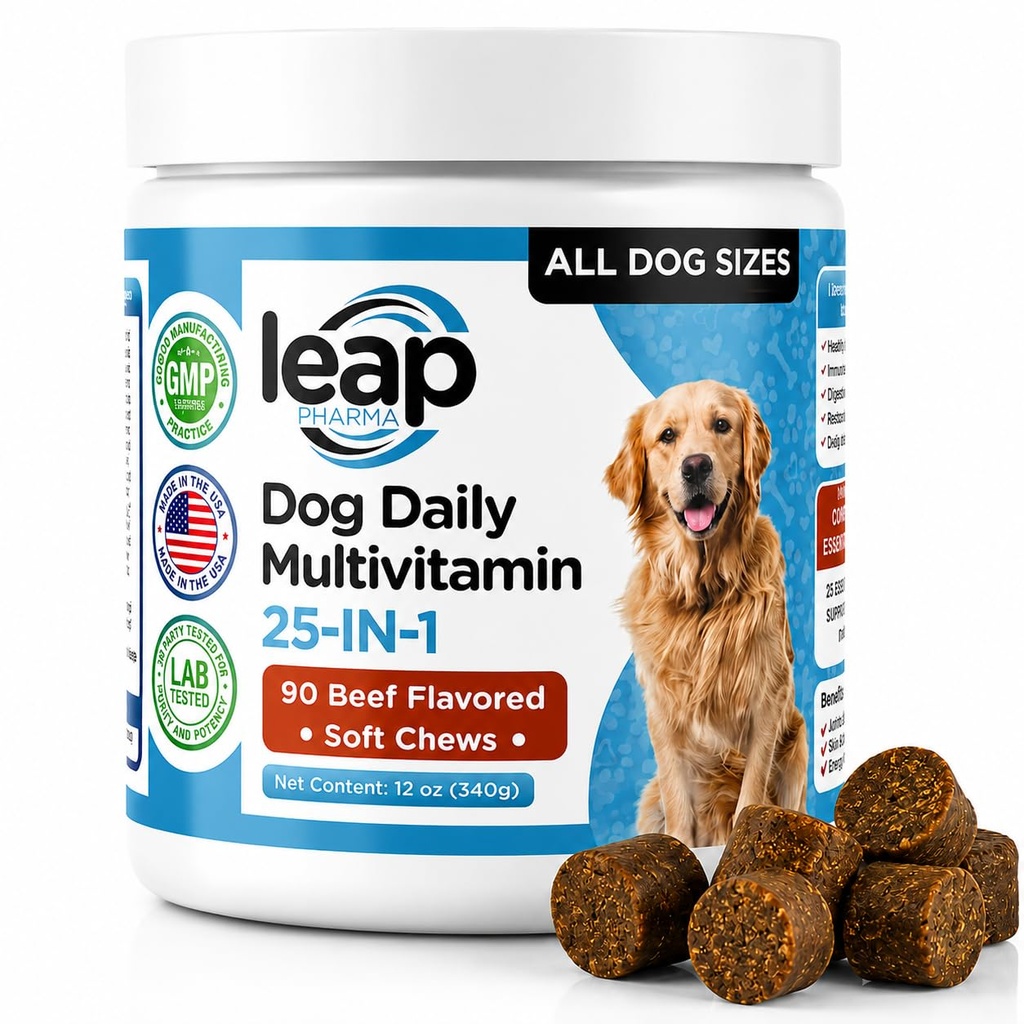 Multivitaminer og tilbehør til hunder - Krillolje, Omega 3,6,9, pre & probiotika, essensielle vitaminer, for Hip & Joints, Hud & Coat, Digestiv, Immunitetsstøtte (90 Chews)