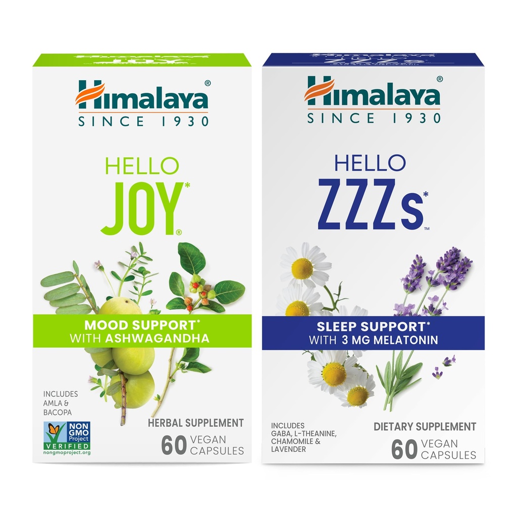 Himalaya Hello Joy med Ashwagandha for å forbedre humør og ånder og Hello ZZZs med Melatonin for søvnstøtte, 60 kapsler hver - Bundle