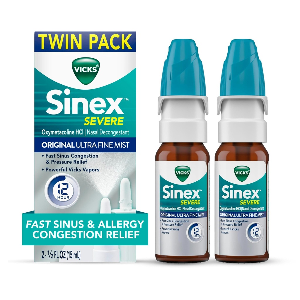 Vicks Sinex EVERE Allergi & Sinus Nasal Spray, Original Ultra Fine Mist, Decongestant Medisin, Relief fra Nasal Congestion på grunn av kald eller allergi, Sinus Pressure Relief, 265 Sprays x 2