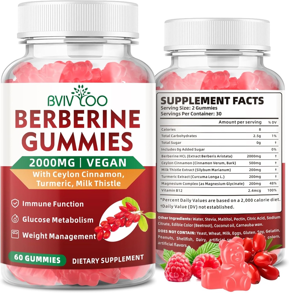 Premium Berberine Gummies, 2000 mg høy potens Berberine HCI Supplement, Plus Ceylon Cinnamon, Melk Thistle for kvinner og menn, immunsystem og metabolisme støtte - 60 Gummies